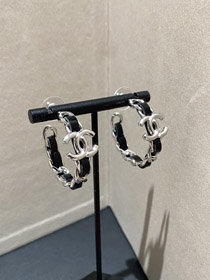 Chanel silver leather hoop earrings-3596  